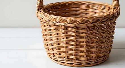 Woven Wicker Basket with Handles on White Wooden Surface