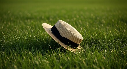 Straw Hat Resting in Lush Green Grass in Golden Hour Light