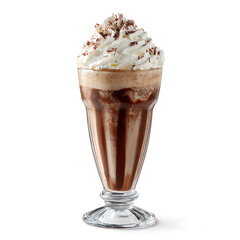 A milkshake in a tall glass with whipped cream on top, isolated on white background.