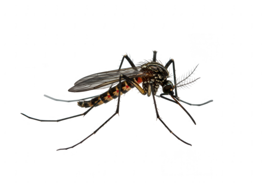 Detailed macro photograph of a mosquito with intricate markings isolated on transparent background