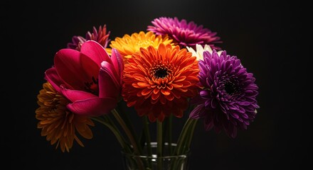 A bouquet of colorful flowers against a dark background