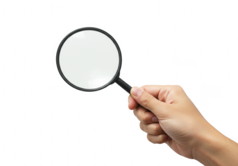 Hand holding a magnifying glass with a dark circular lens isolated on transparent background