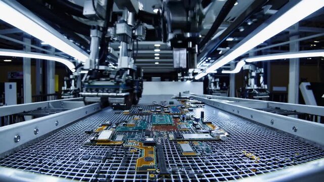 automated assembly line placing electronic components on pcb under bright linear lights, wide angle view of factory floor and robotic arms ensuring rapid precision