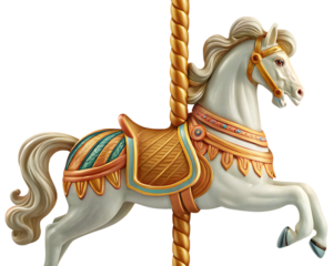 White carousel horse with gold and teal saddle isolated on a transparent background