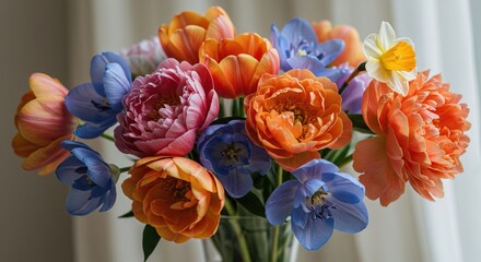 A colorful bouquet of flowers in a clear glass vase