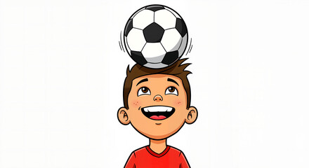 A Happy Young Boy with a Soccer Ball Balanced Perfectly on His Head in a Cartoon Illustration Style