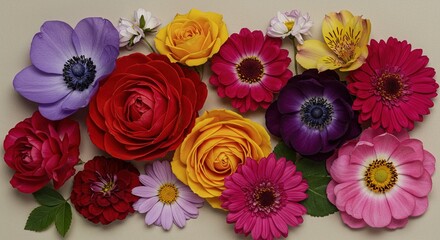 Assorted colorful flowers arranged on a light surface