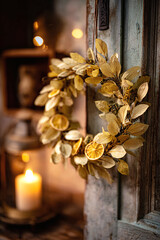 rustic christmas wreath in butter yellow tones made of citrus slices and golden leaves with candlelight festive scene