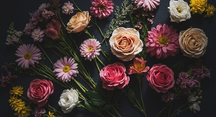 Assorted flowers arranged on a dark colored surface