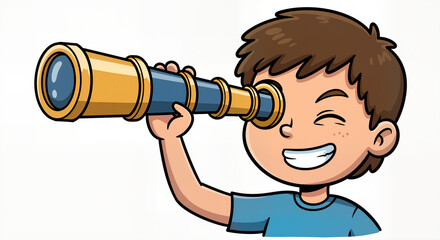 Happy Boy Looking Through a Spyglass with Curiosity and Joy for Discovery and Adventure