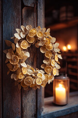 rustic christmas wreath in butter yellow tones made of citrus slices and golden leaves with candlelight festive scene