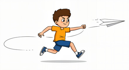 Young Energetic Boy Running Enthusiastically While Launching a Paper Airplane into the Air on an Isolated Background