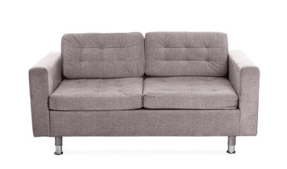 Comfortable gray sofa isolated on white. Used stuff