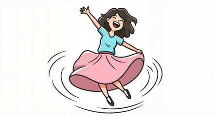Joyful Girl Spinning Around Happily in Her Pink Skirt on an Isolated White Background