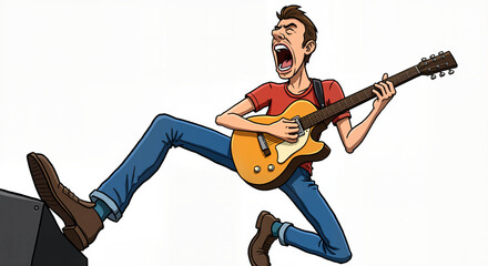 Energetic Cartoon Character Playing Electric Guitar with Enthusiasm Isolated on a White Background