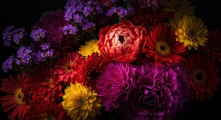 A vibrant bouquet of colorful flowers on a dark backdrop
