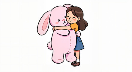A Cheerful Young Girl Happily Hugging a Large Pink Fluffy Bunny Rabbit Toy on an Isolated White Background