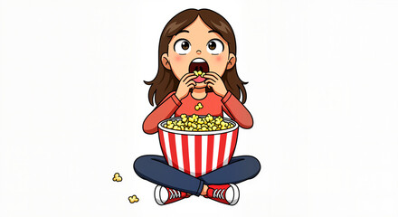 Young Girl Sitting Cross Legged Eating Popcorn from a Large Bucket While Watching Something Exciting