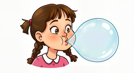 A Young Girl with Pigtails Blowing a Large Translucent Bubblegum Balloon on an Isolated White Background in a Playful Cartoon Illustration Style