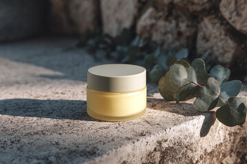 minimal butter yellow face cream jar on stone with eucalyptus branch and soft natural light skincare lifestyle scene