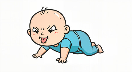 A Cute Cartoon Baby with a Funny Grumpy Face Crawling on an Isolated White Background