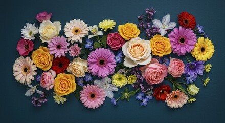 Assorted colorful flowers arranged on a dark background