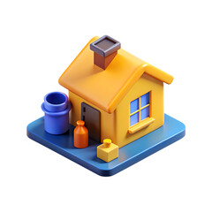 Charming isometric 3d render of a yellow cartoon house with blue base and accessories transparent background