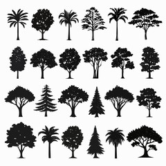 A vector collection of tree silhouettes with diverse leaf and branch patterns, perfect for nature and forest-themed designs