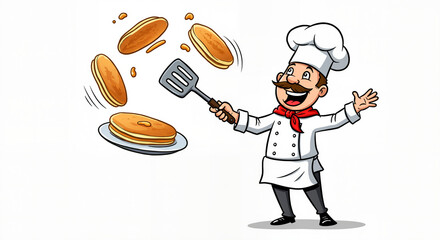 Happy Cartoon Chef Flipping Pancakes with a Spatula Isolated on a White Background