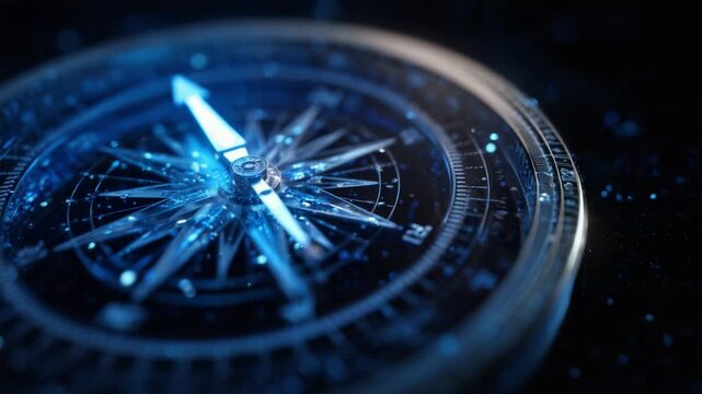 Luminous digital compass with a glowing needle pointing the way and searching for a direction on a dark background, representing technology, navigation, guidance, and exploration of the future