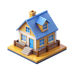 Charming 3d rendered house with blue roof and yellow foundation transparent background
