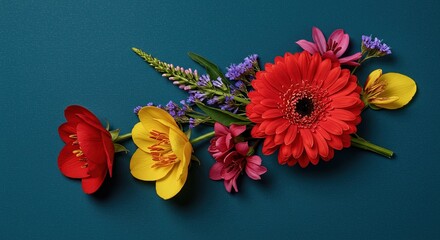 A colorful assortment of flowers on a blue background