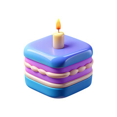 3d rendered square layered birthday cake with single candle burning bright transparent background