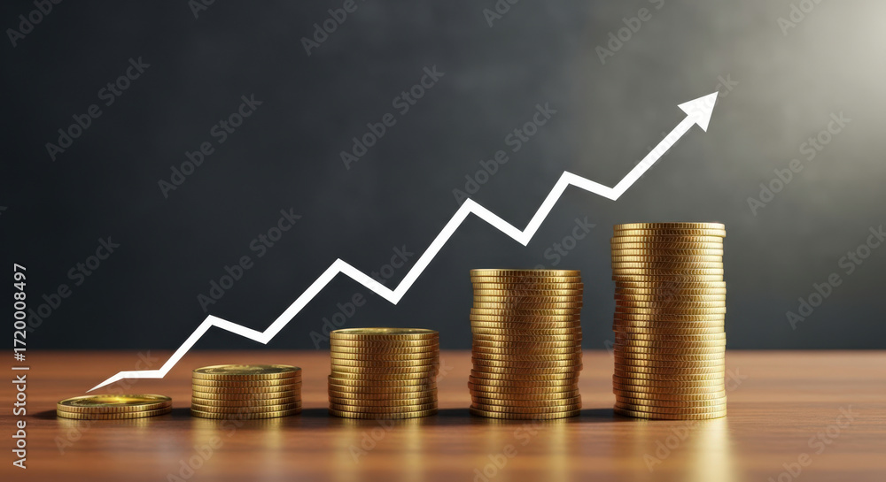 Poster visual representation of financial growth with stacked coins and upward trending arrow symbolizing i
