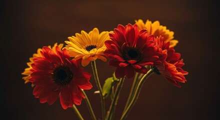 A bouquet of red and yellow gerbera daisies on dark background