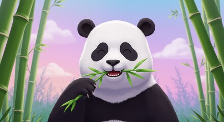 A cheerful panda enjoys a refreshing bamboo snack amidst a serene bamboo grove, showcasing soft colors and a joyful expression.
