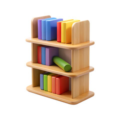 Colorful bookshelf with wooden shelves and rainbow book collection transparent background