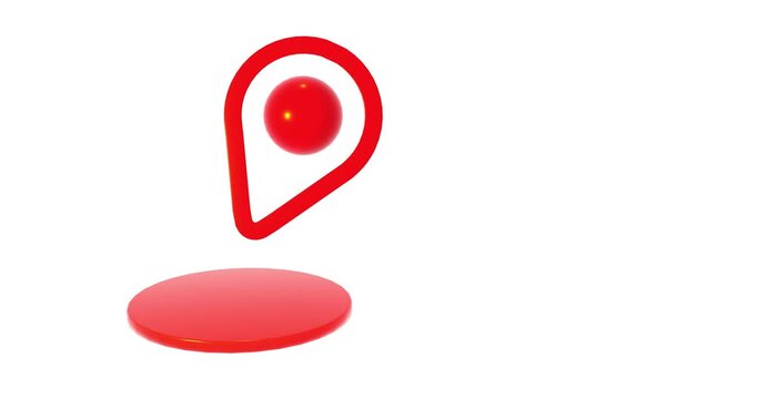 Pin de localiza&ccedil;&atilde;o 3D vermelho/alaranjado, com esfera interna, flutuando sobre uma plataforma redonda em fundo branco clean.