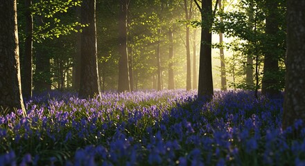Naklejka premium 朝の光輝く青紫の花畑 神秘的森道. AI Generated