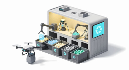 Automated Recycling Facility with Drone and Robotic Arms Sorting Materials