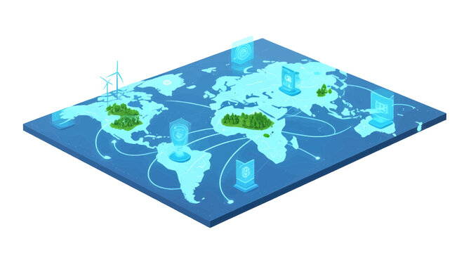 Global Sustainable Energy and Digital Infrastructure Network Illustrated on an Isometric World Map, Symbolizing Interconnectedness and Future Technological Advancement Towards a Greener Planet