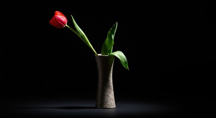 Red tulip in a vase against a stark black background