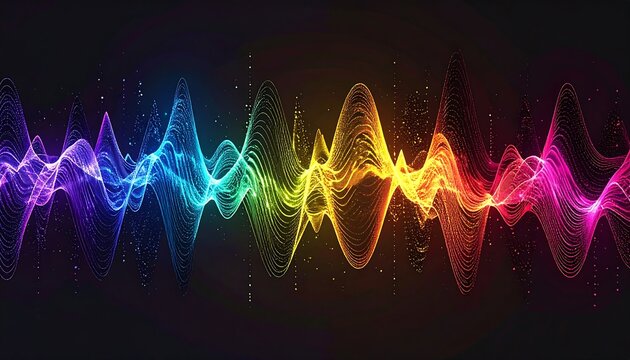 A vibrant, digitally created sound wave visualization, utilizing a spectrum of colors and particles. Set against a dark background
