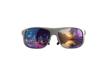 Sunglasses reflecting a vibrant cityscape and a serene sunset landscape, isolated on transparent background, symbolizing the contrast between urban life and natural beauty, ideal for fashion, travel, 