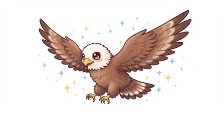 可愛いワシの羽ばたき 優しい光輝く 幻想的イラスト. AI Generated