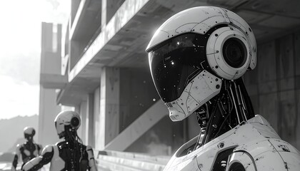 A monochrome image shows three futuristic robots observing a derelict urban landscape. The focus is on the advanced technology and the stark environment