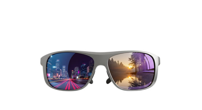 Sunglasses reflecting a vibrant cityscape and a serene sunset landscape, isolated on transparent background, symbolizing the contrast between urban life and natural beauty, ideal for fashion, travel,  - Powered by Adobe