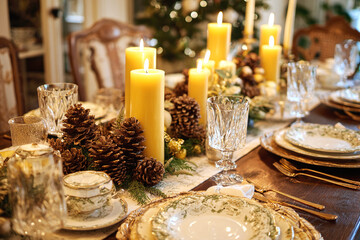 elegant christmas dinner table with butter yellow candles crystal glasses porcelain and pinecones festive scene