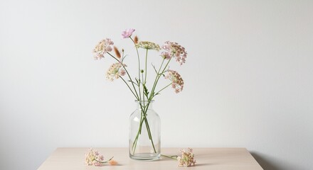 Wildflowers in a glass vase on a table against white
