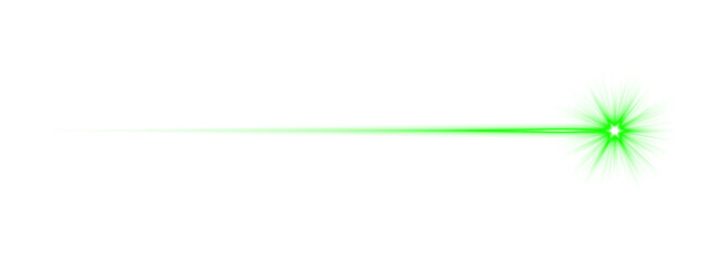 Obraz premium Bright neon green glowing laser beam with starburst flare on transparent background, futuristic light streak, cosmic energy ray effect